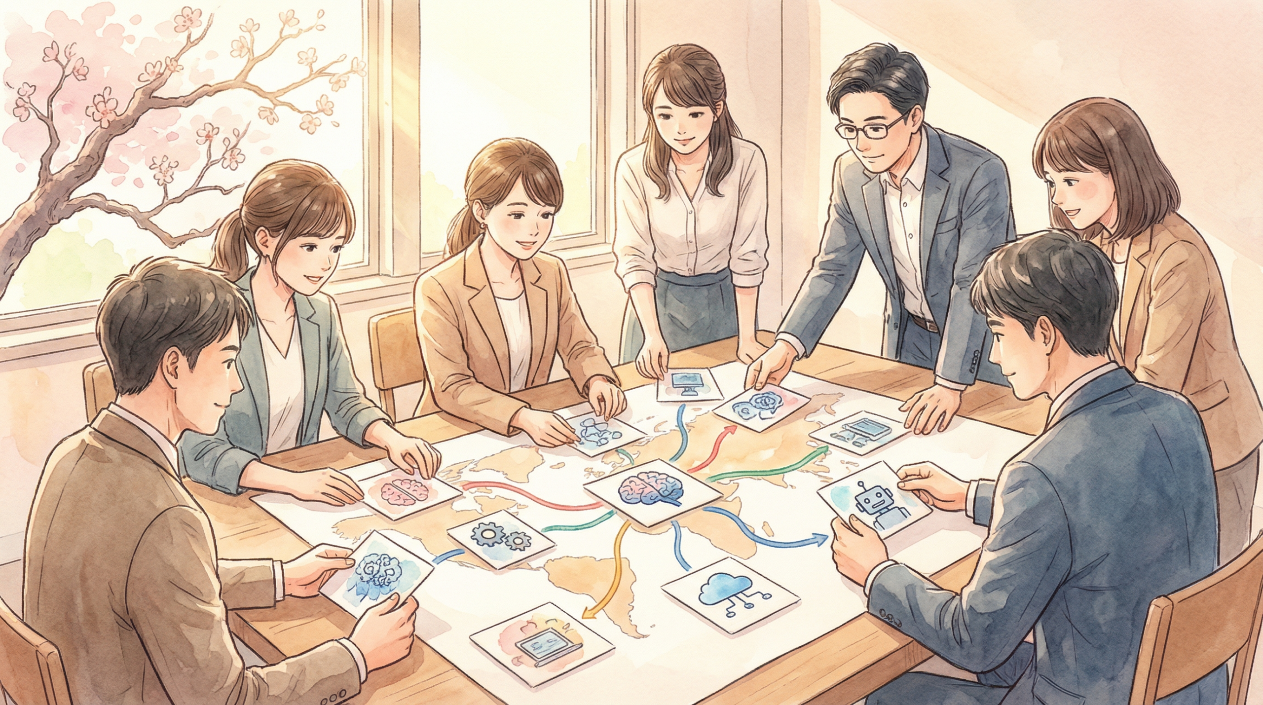 人間とAIの協働プロセスを段階的に示したロードマップ図。工程の流れと接続関係が視覚化されている。