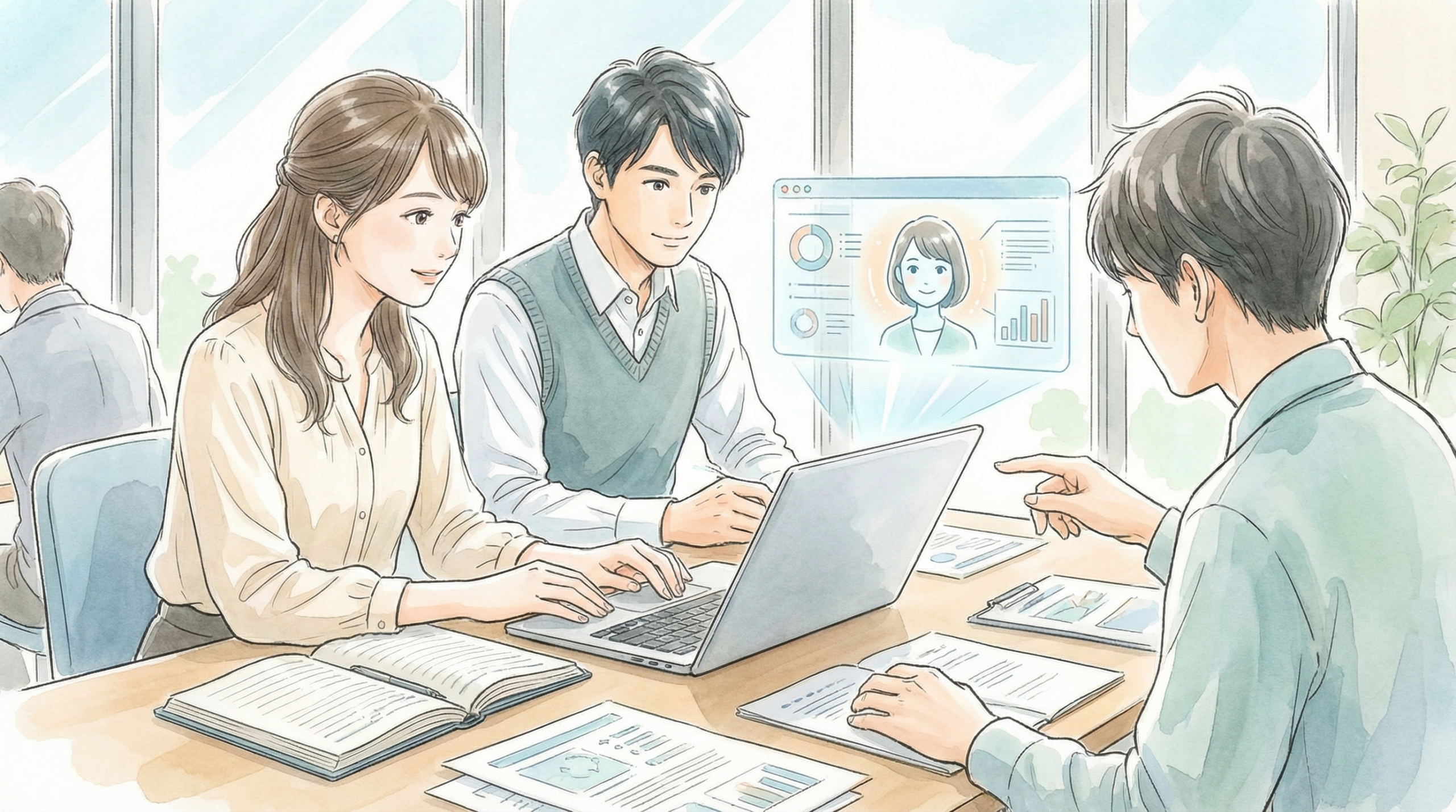 オフィス環境で人間チームとAIが連携し、実務タスクを共同で進める共創シーン。