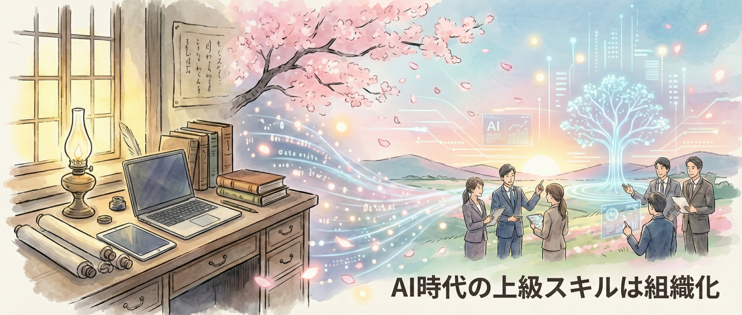 人間とAIが同じ作業空間で役割分担しながら、共創プロジェクトの全体像を描いているビジュアル。